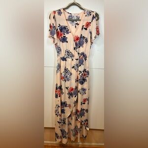 Candie’s Floral Faux Wrap Midi Dress Blush Pink Blue Short Sleeve Size Medium